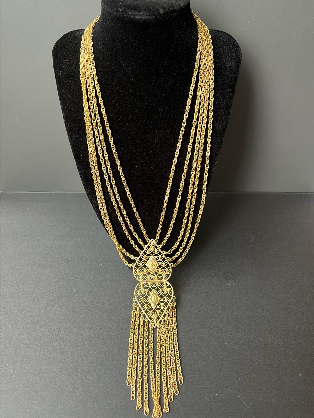 Vintage Etruscan Revival Gold Filigree Tassel Fringe Multi Chain Boho Necklace
